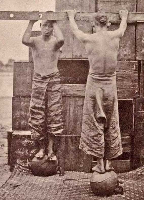 Travailleurs dans une plantation de thé portant le pantalon de pêcheur thailandais dans la province de Loei aux alentours de 1888